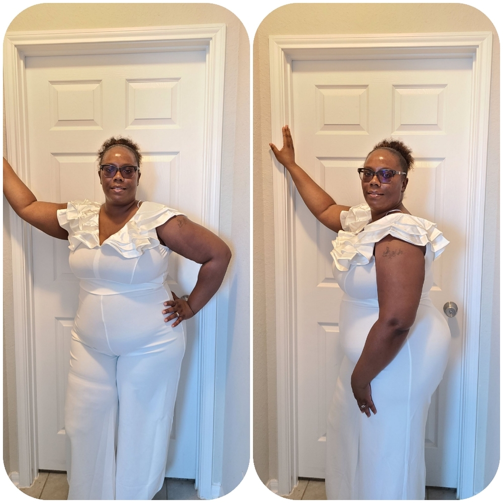 White jumpsuit with satin Ruffles